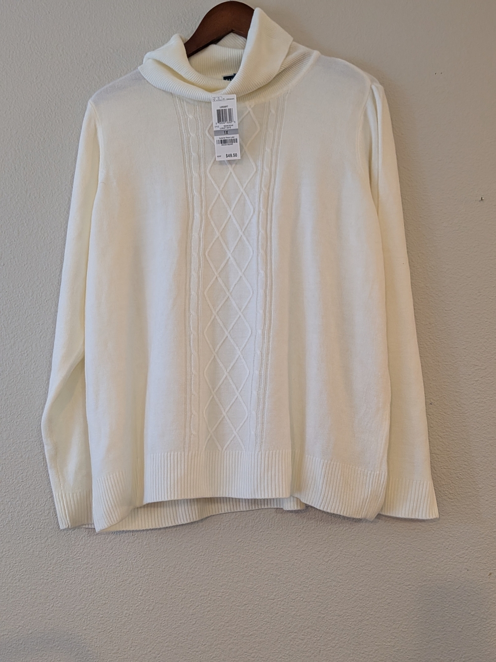 Karen Scott Cream Cable-Panel Funnel Neck Sweater